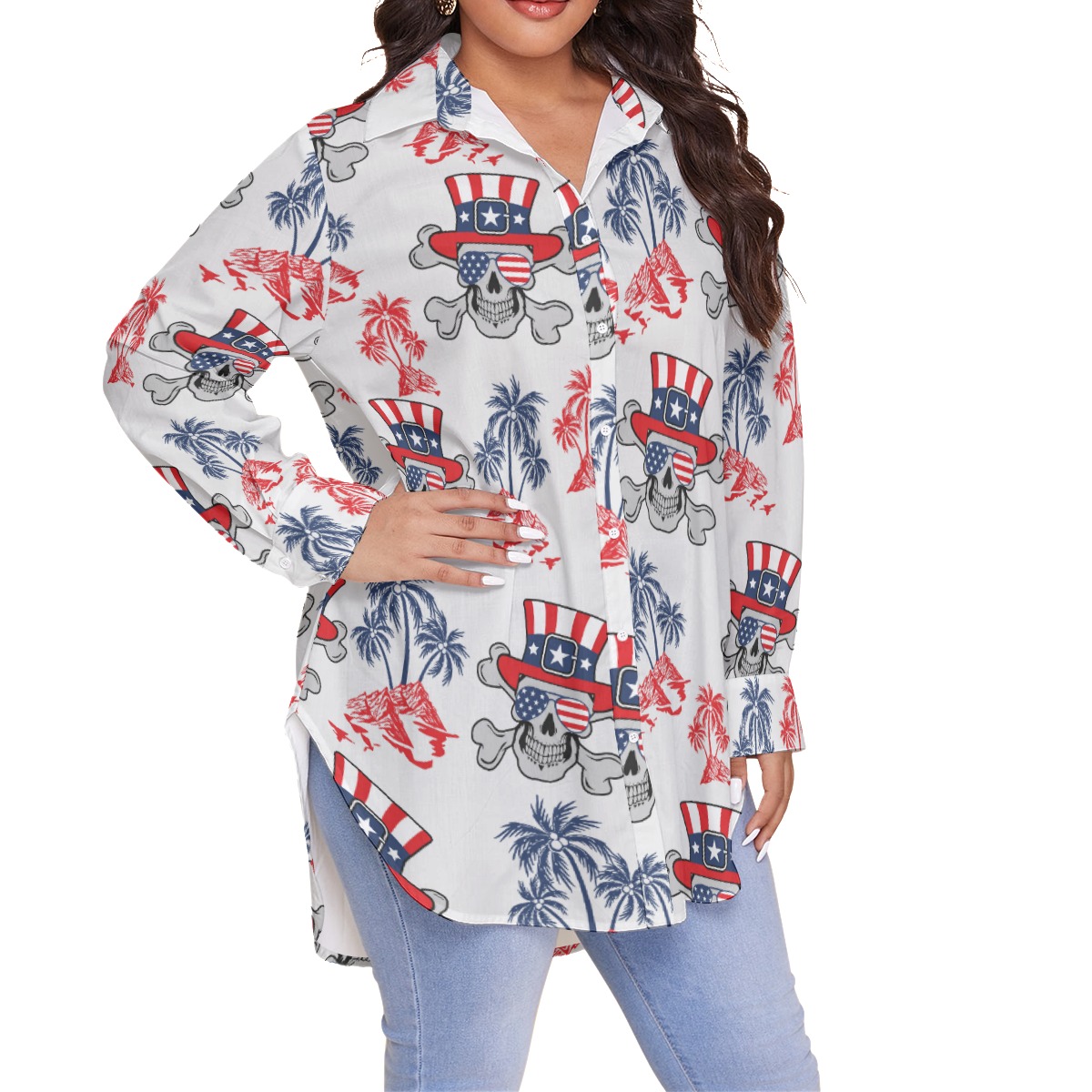 American Goth Patriotic Long Sleeve Hawaiian Shirt