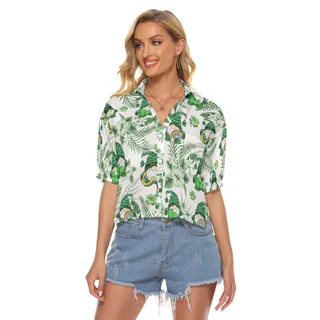 Tropical Gnome Happy St. Patrick's Day Hawaiian Cropped Shirt For Women