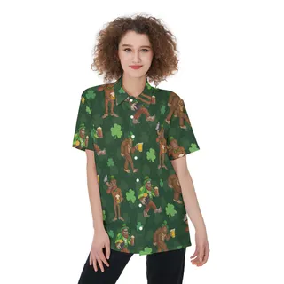 Funny Bigfoot Saint Patrick Hawaiian Button Up Shirt For Women