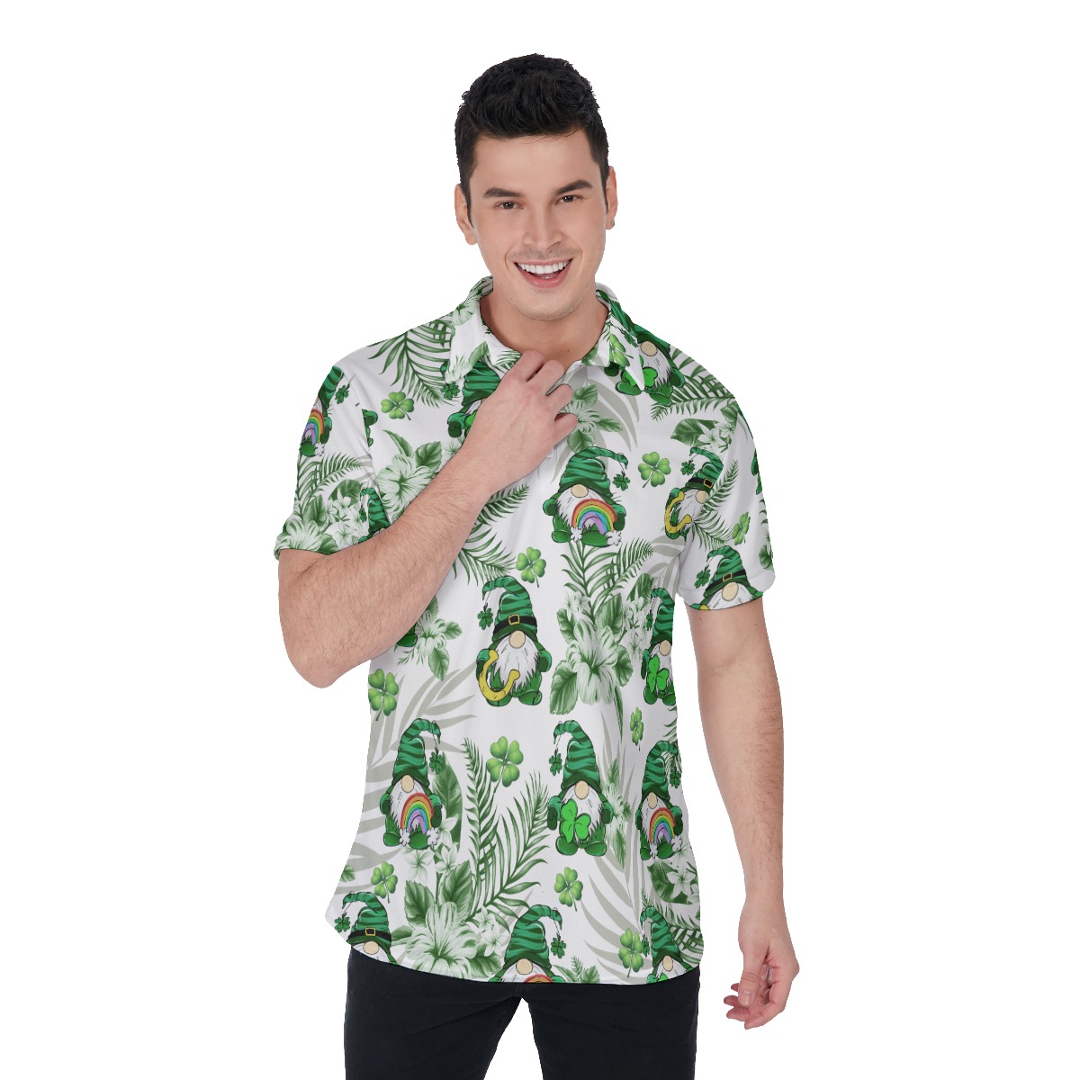 Lucky Charm Gnome St Patrick's Day Hawaiian Polo Shirt For Men - variant image 1