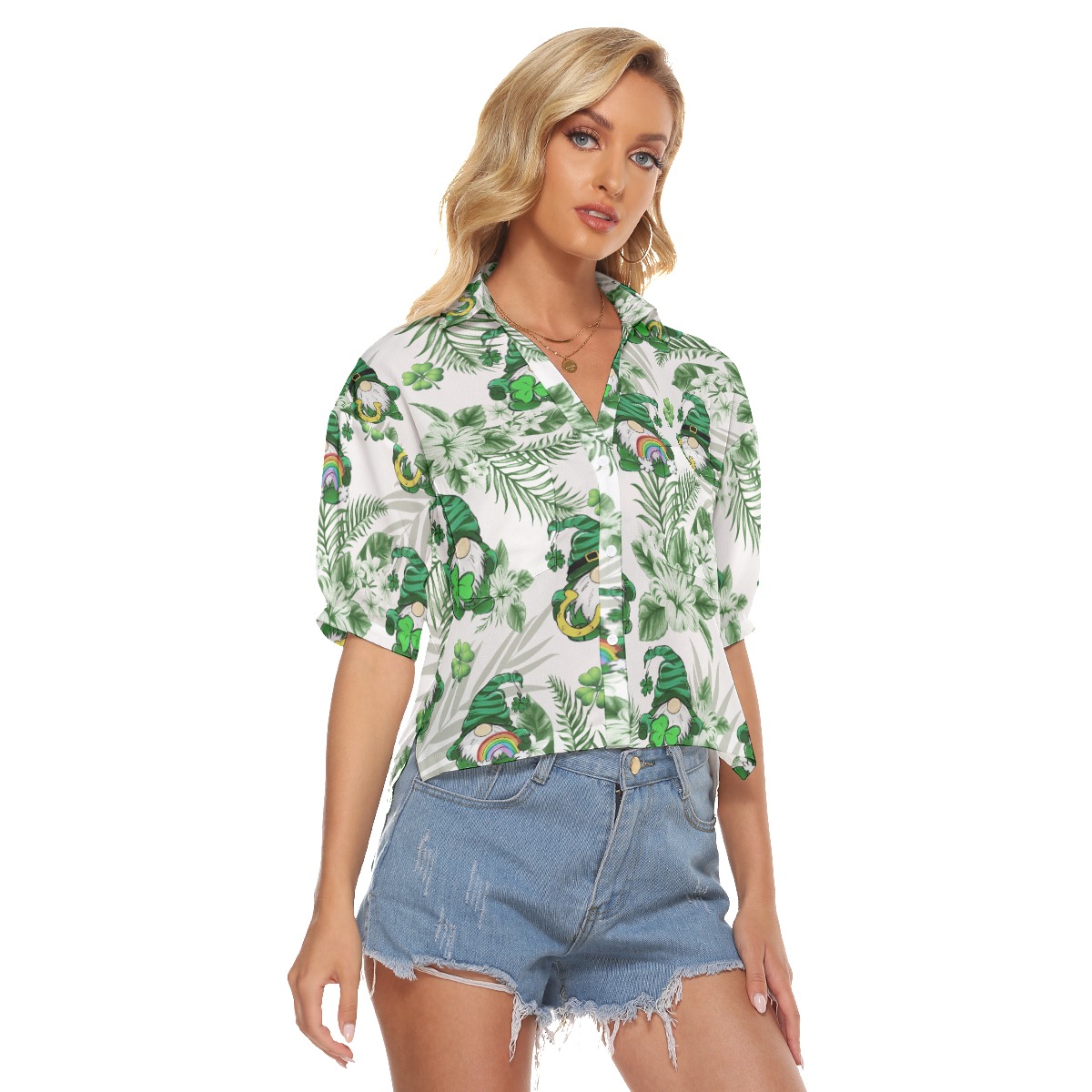 Tropical Gnome Happy St. Patrick's Day Hawaiian Cropped Shirt For Women