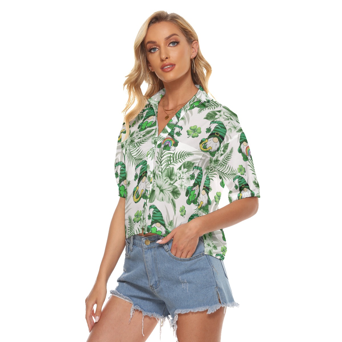 Tropical Gnome Happy St. Patrick's Day Hawaiian Cropped Shirt For Women