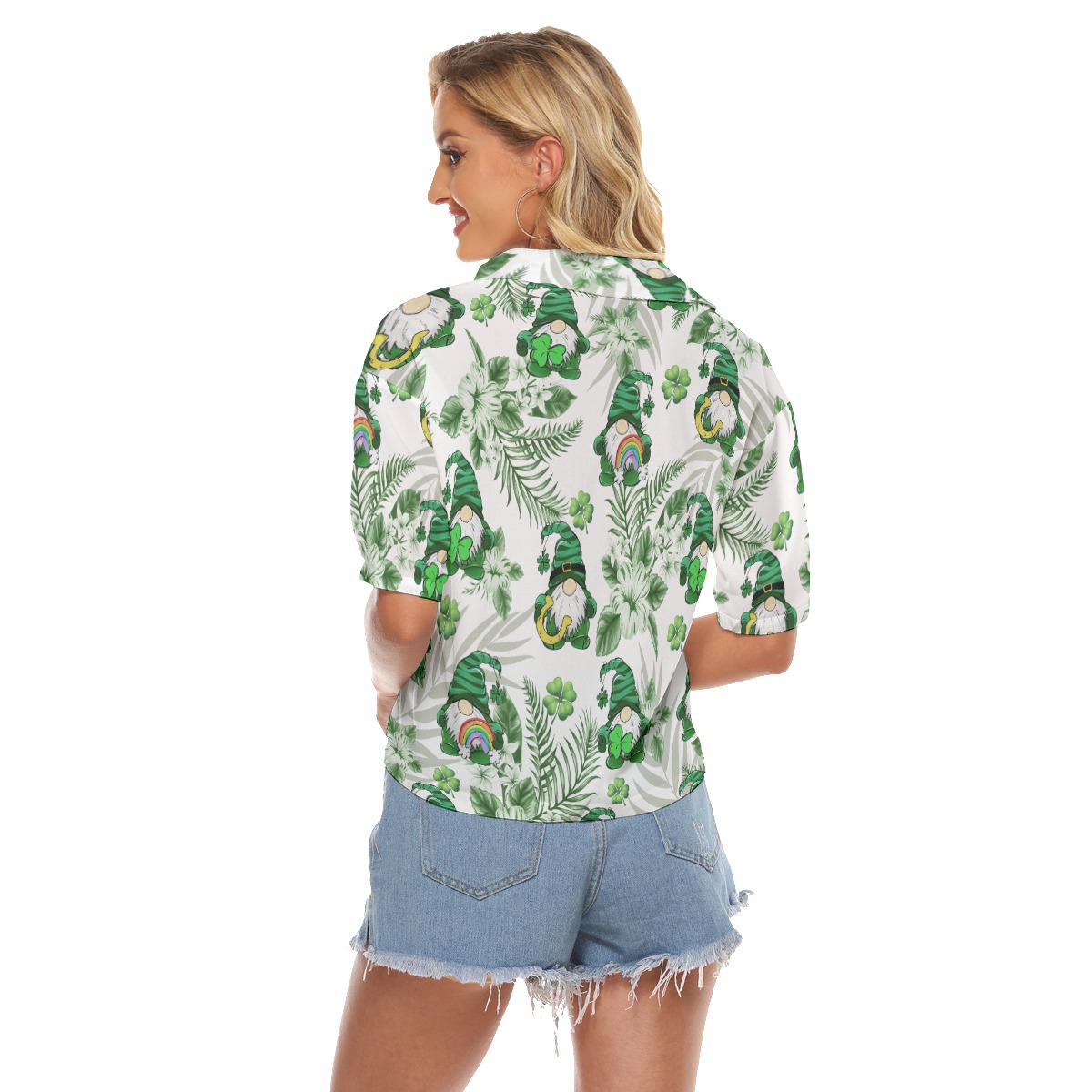 Tropical Gnome Happy St. Patrick's Day Hawaiian Cropped Shirt For Women
