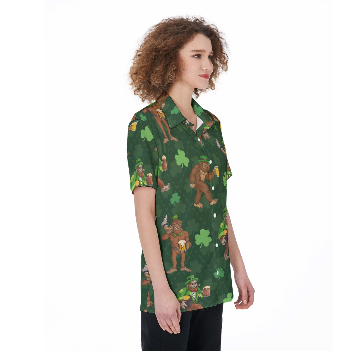 Funny Bigfoot Saint Patrick Hawaiian Button Up Shirt For Women