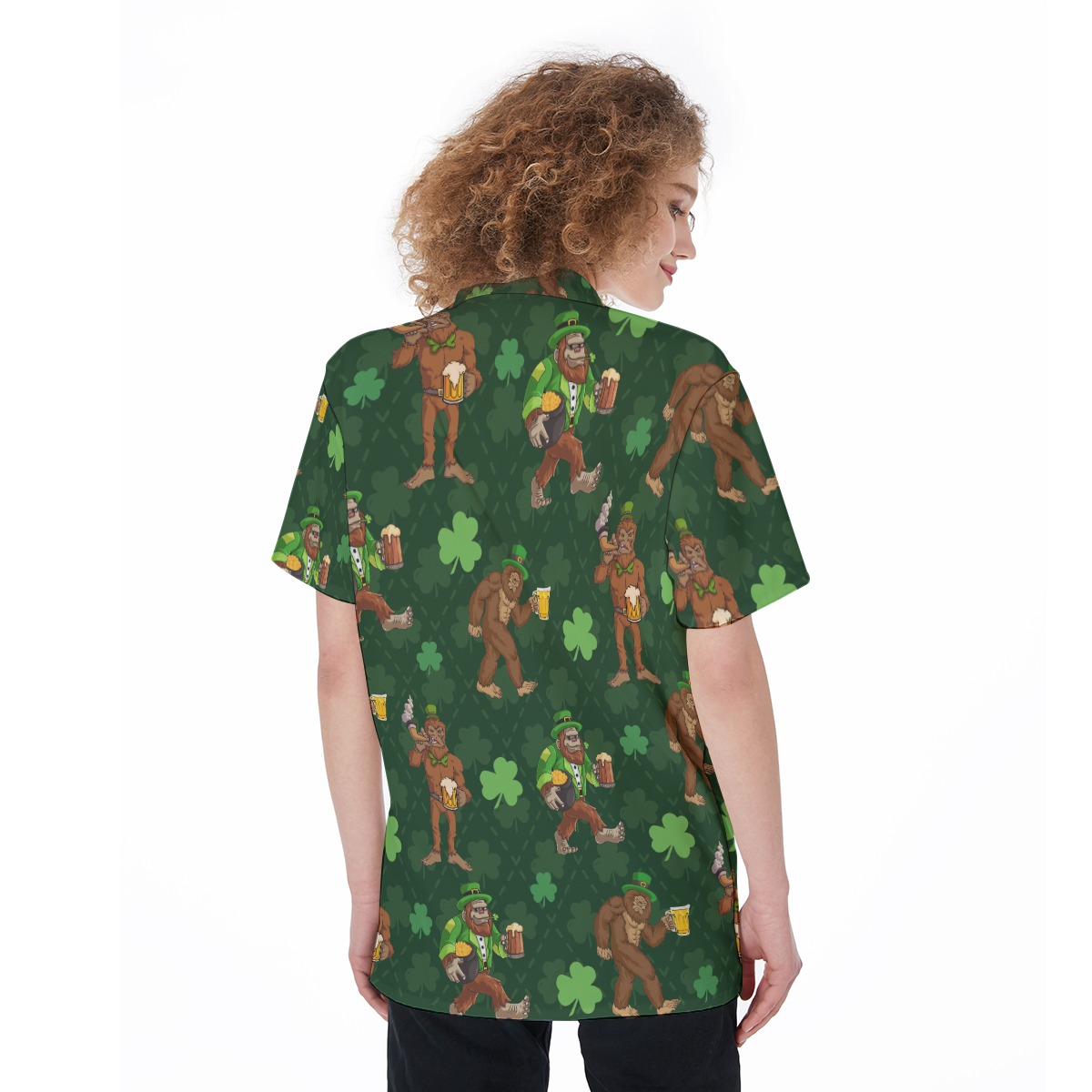 Funny Bigfoot Saint Patrick Hawaiian Button Up Shirt For Women