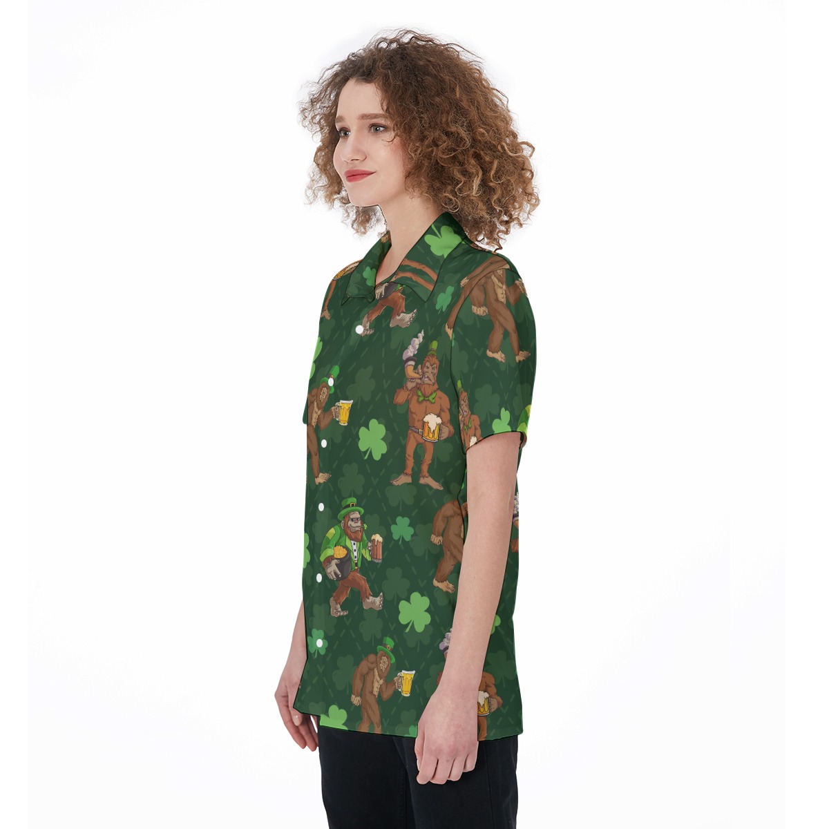 Funny Bigfoot Saint Patrick Hawaiian Button Up Shirt For Women