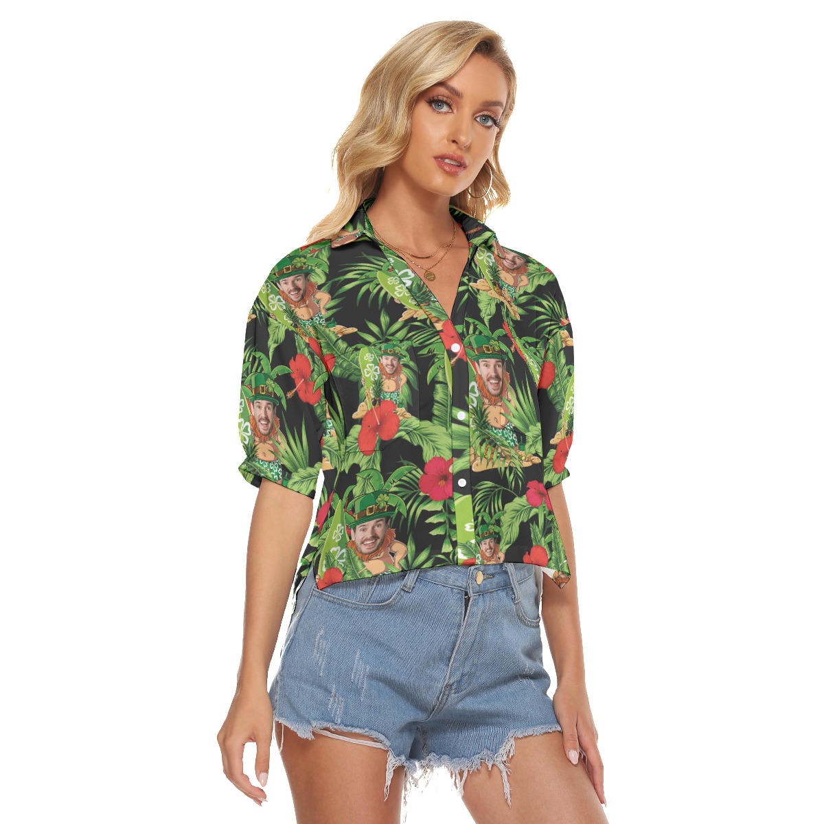 Unique Patrick Day Custom Face Crop Top Hawaiian Shirt For Women