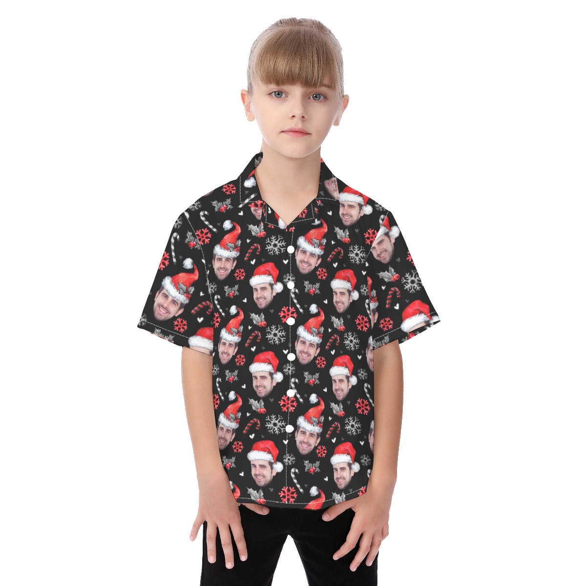 Custom Face Button Up Hawaiian Christmas Shirt For Kids - variant image 1