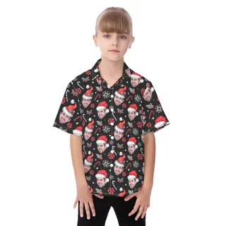 Custom Face Button Up Hawaiian Christmas Shirt For Kids