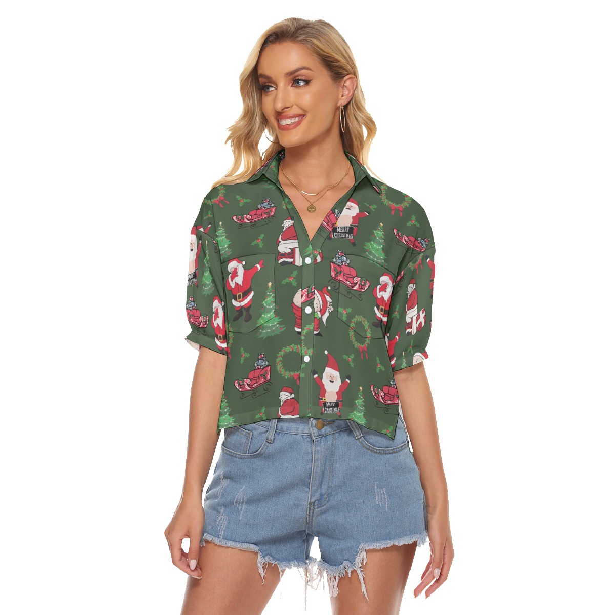 Naughty Santa Claus Hawaiian Crop Top Shirt For Women - variant image 1