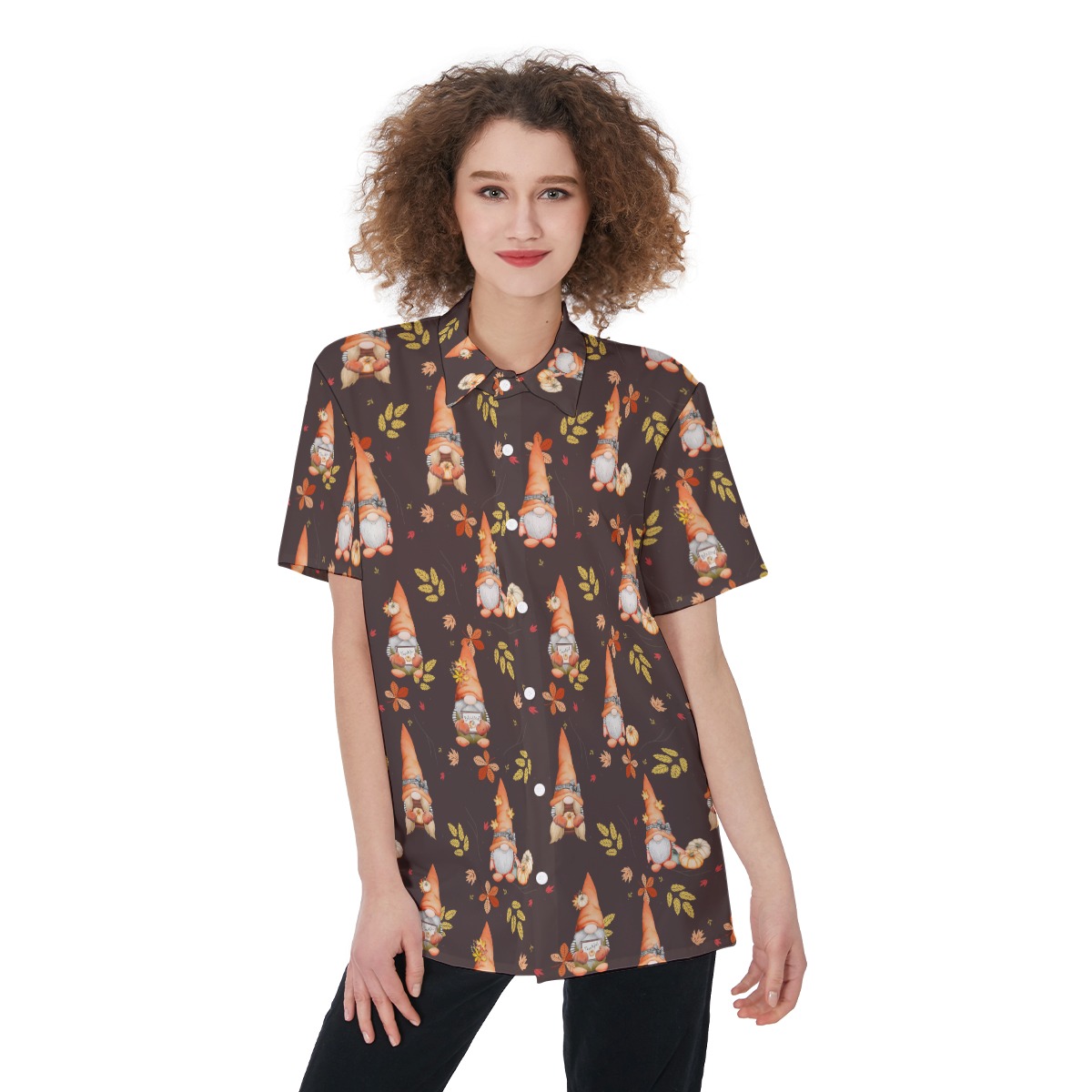 Gnomies Thanksgiving Aloha Button Up Shirt For Women - variant image 1