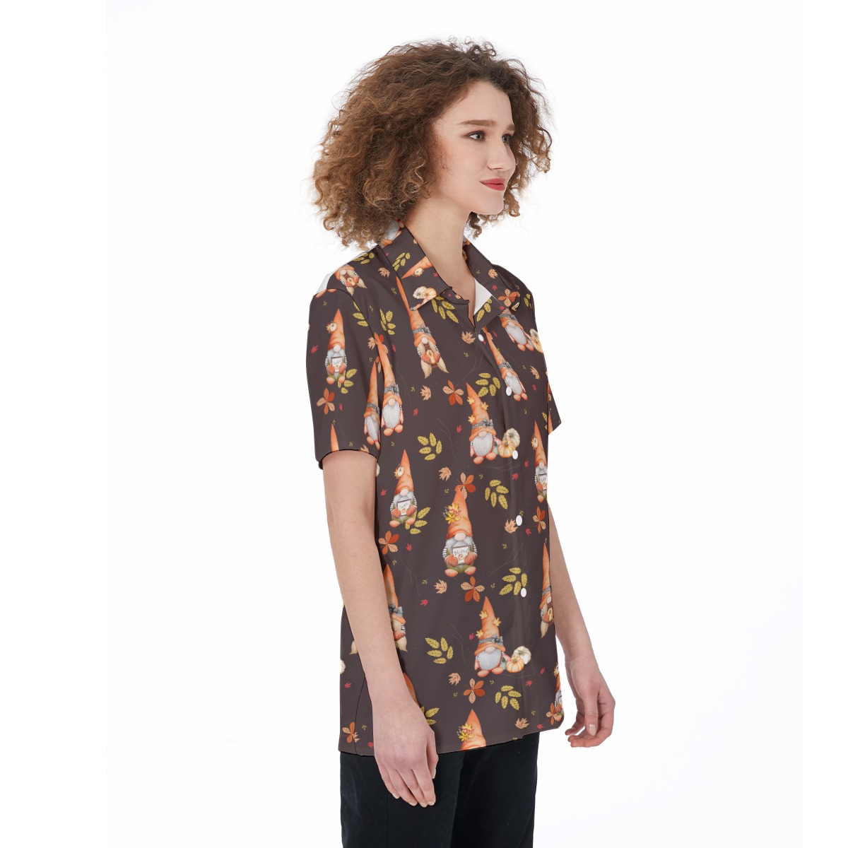 Gnomies Thanksgiving Aloha Button Up Shirt For Women