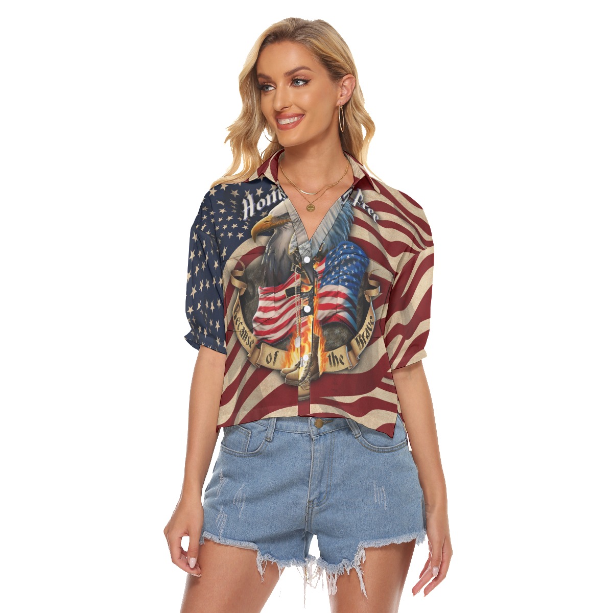 Patriotic American Eagle Hawaiian Crop Top Shirt - variant image 1