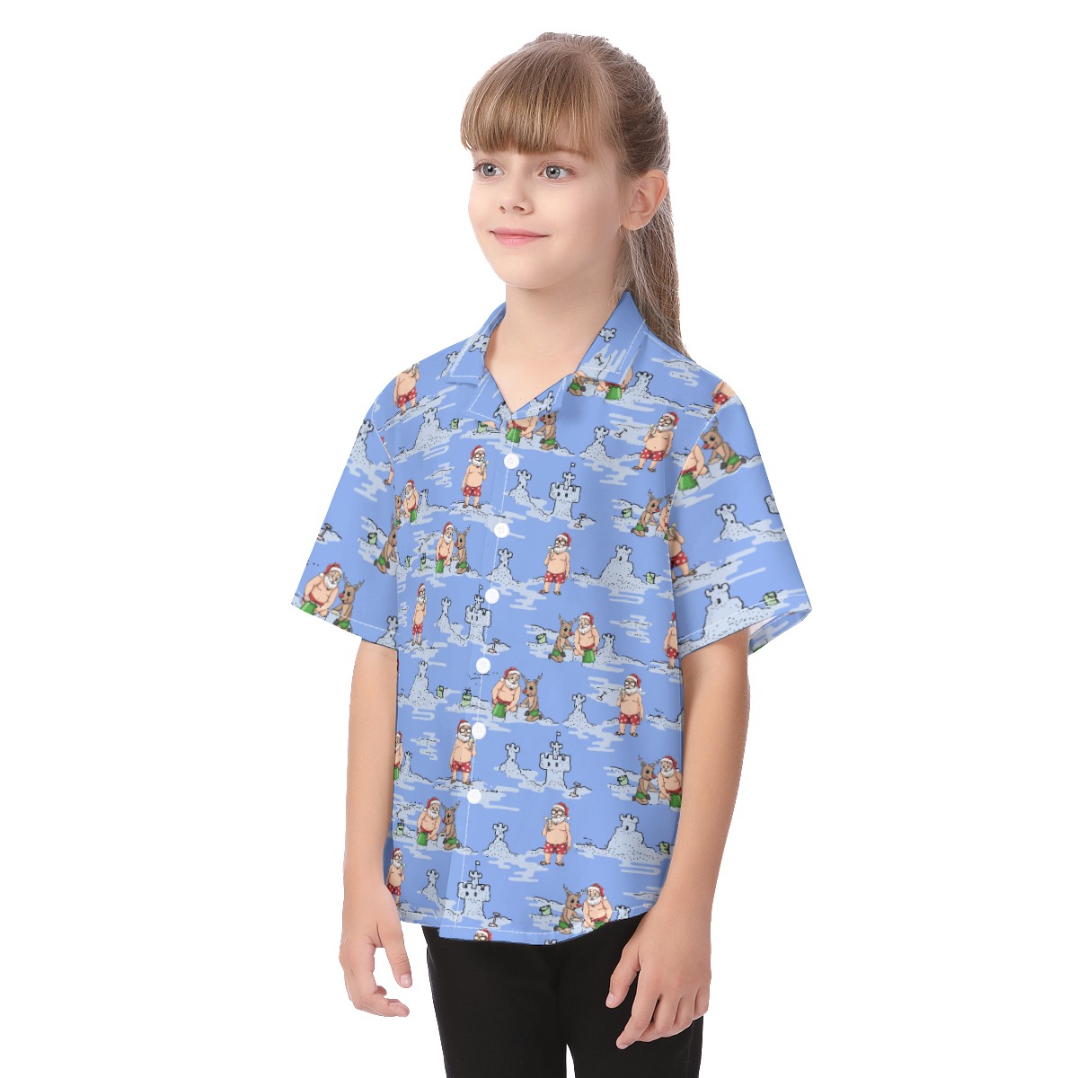 Cute Santa And Reindeer Christmas Hawaiian Shirt For Kids
