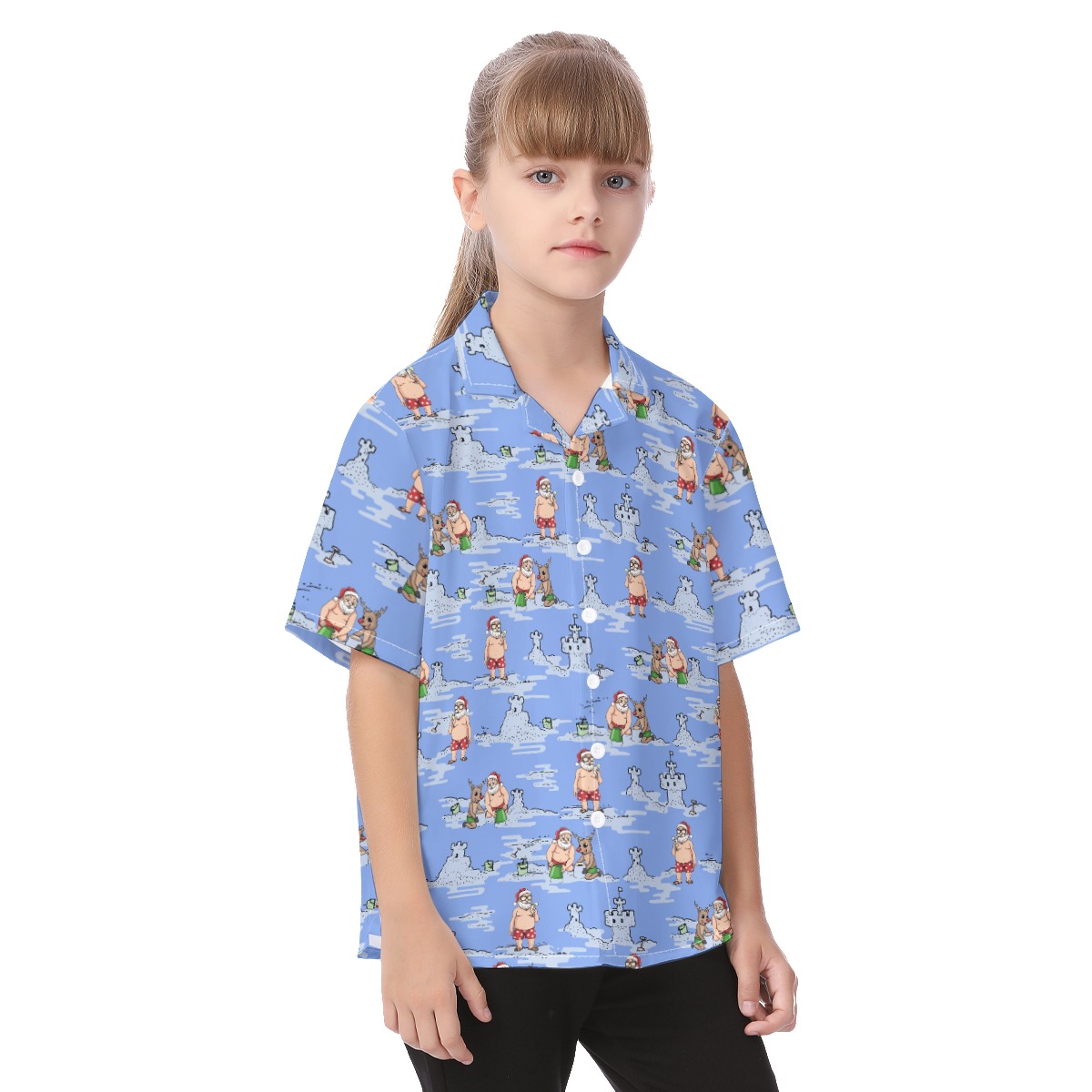 Cute Santa And Reindeer Christmas Hawaiian Shirt For Kids
