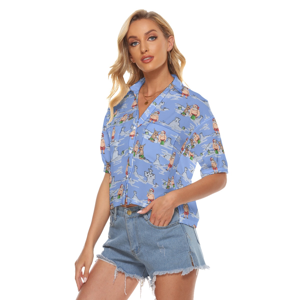 Santa Christmas Hawaiian Cropped Shirt For Women