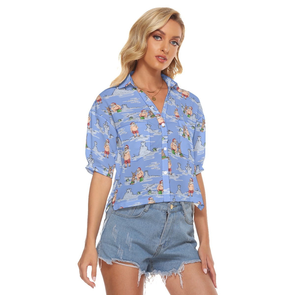 Santa Christmas Hawaiian Cropped Shirt For Women