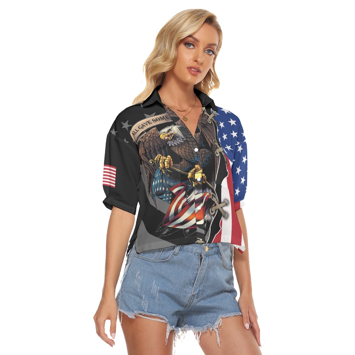 American Eagle Patriotic Hawaiian V-Neck Shirt For Women