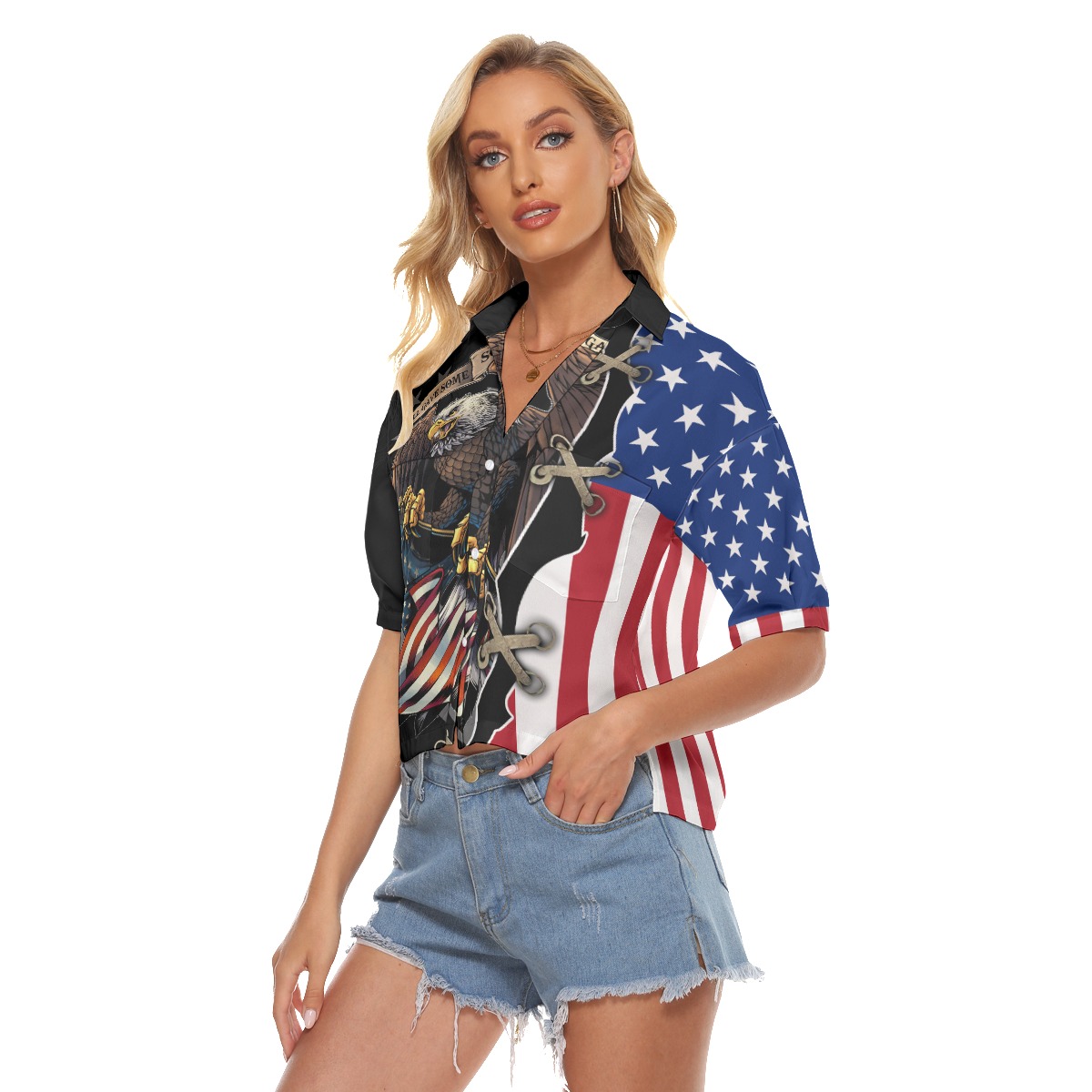 American Eagle Patriotic Hawaiian V-Neck Shirt For Women