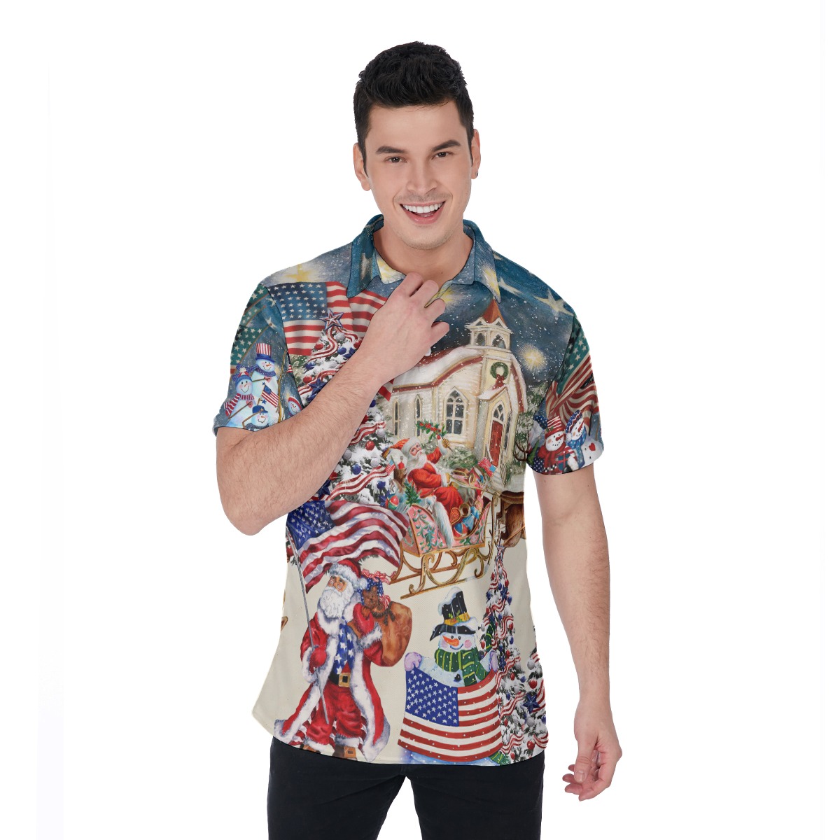 Santa Claus American Flag Patriotic Christmas Hawaiian Polo Shirt - variant image 1