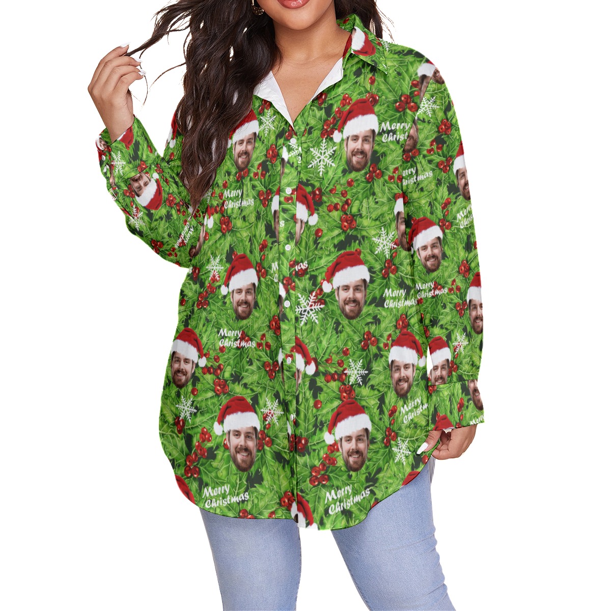Women's Plus Size Christmas Hawaiian Shirt With Face Custom - variant image 1