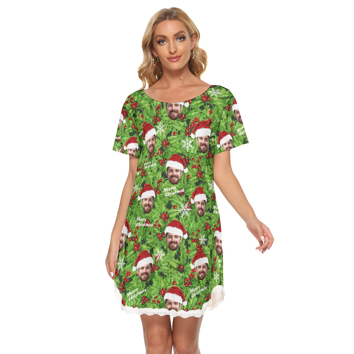 Custom Face Hawaiian Christmas Dress With Lace - variant image 1