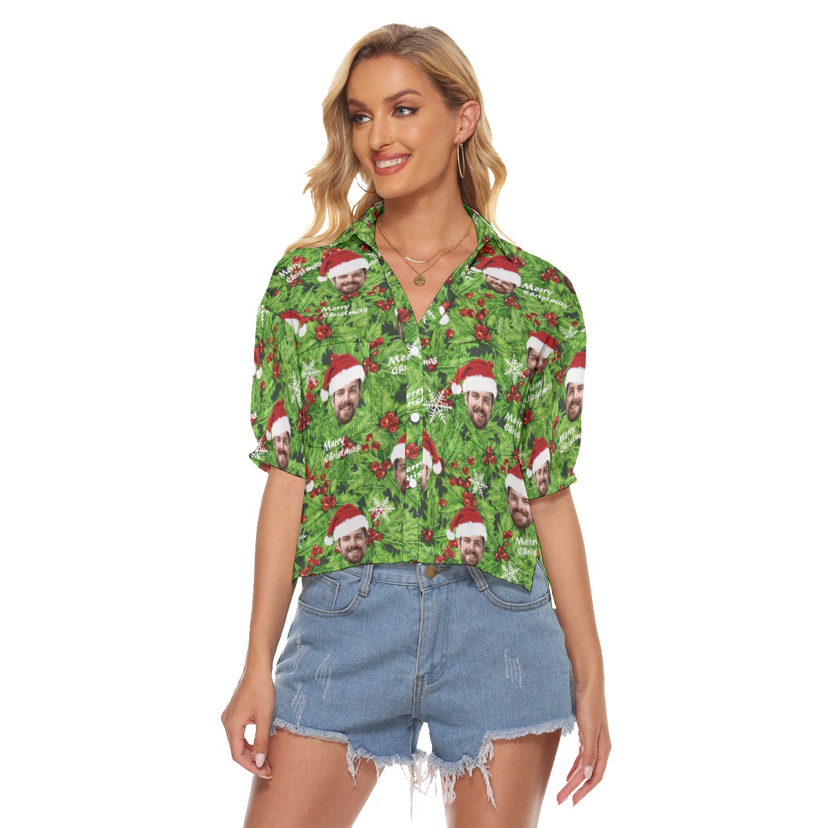 Women's Custom Face Christmas Hawaiian Crop Top Shirt - variant image 1