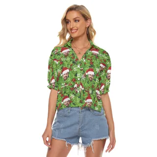 Women's Custom Face Christmas Hawaiian Crop Top Shirt