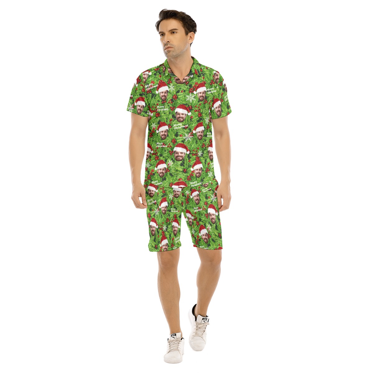 Funny Christmas Hawaiian Shirt And Shorts Set For Men With Custom Face - variant image 1