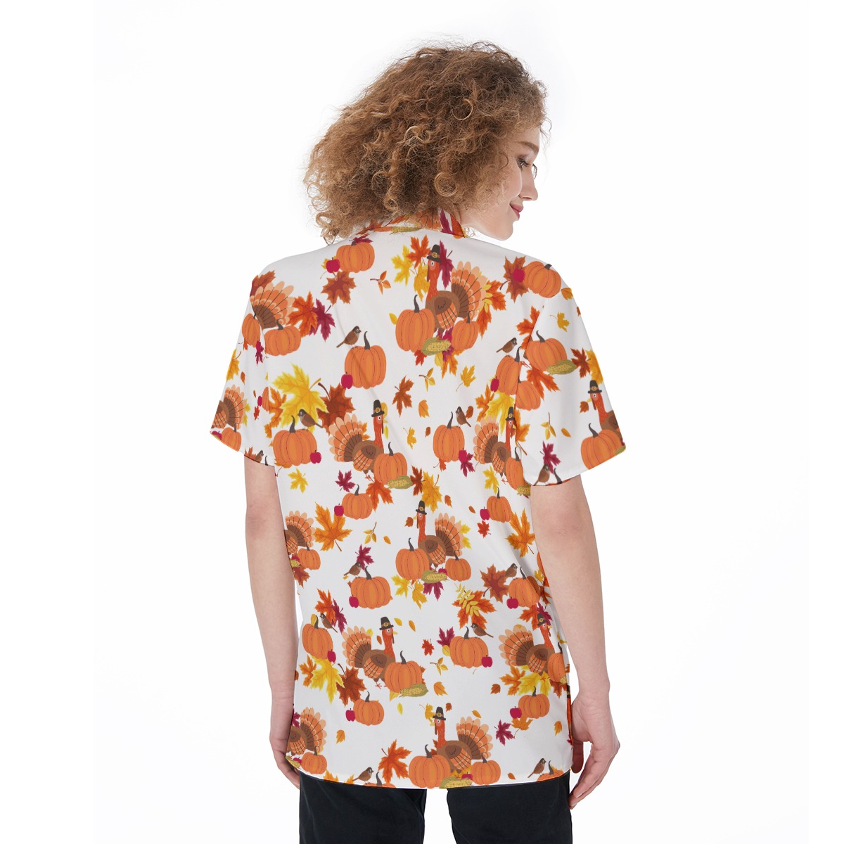Thanksgiving Turkey Hawaiian Button Up Shirt For Women