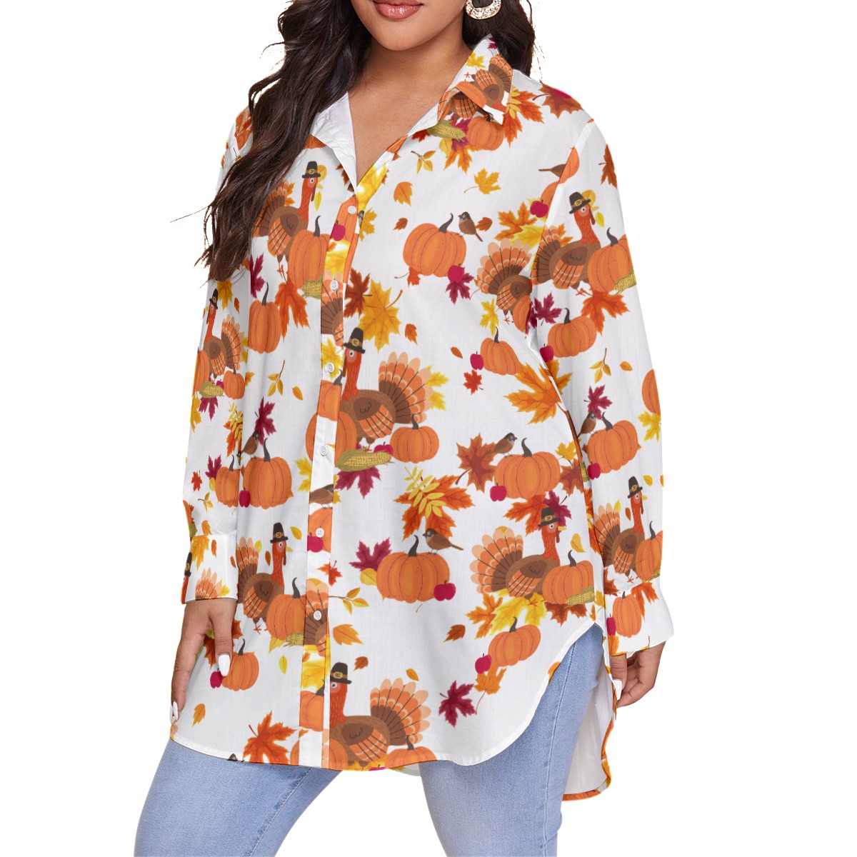 Turkey Thanksgiving Hawaiian Plus Sized Shirt For Women