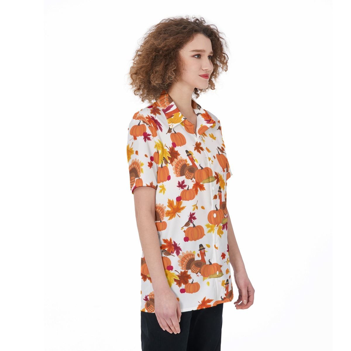 Thanksgiving Turkey Hawaiian Button Up Shirt For Women