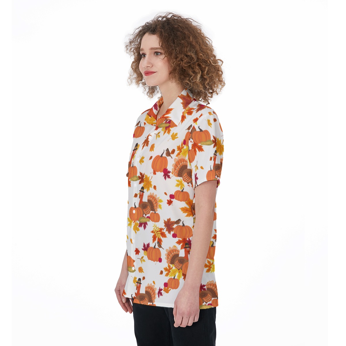 Thanksgiving Turkey Hawaiian Button Up Shirt For Women