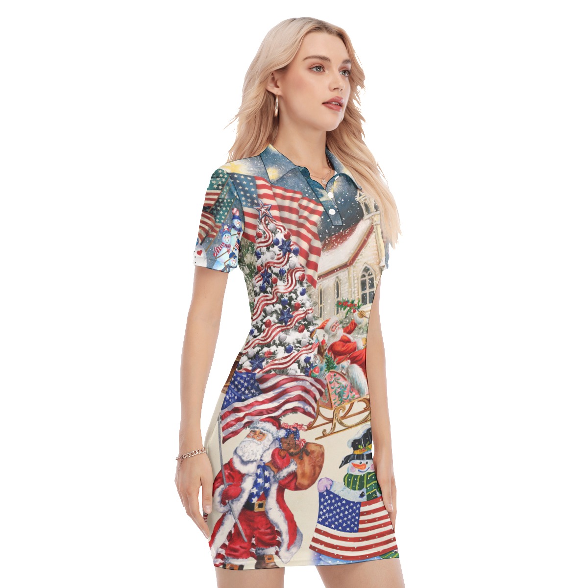 Patriotic Santa Claus Hawaiian Polo Dress For Women