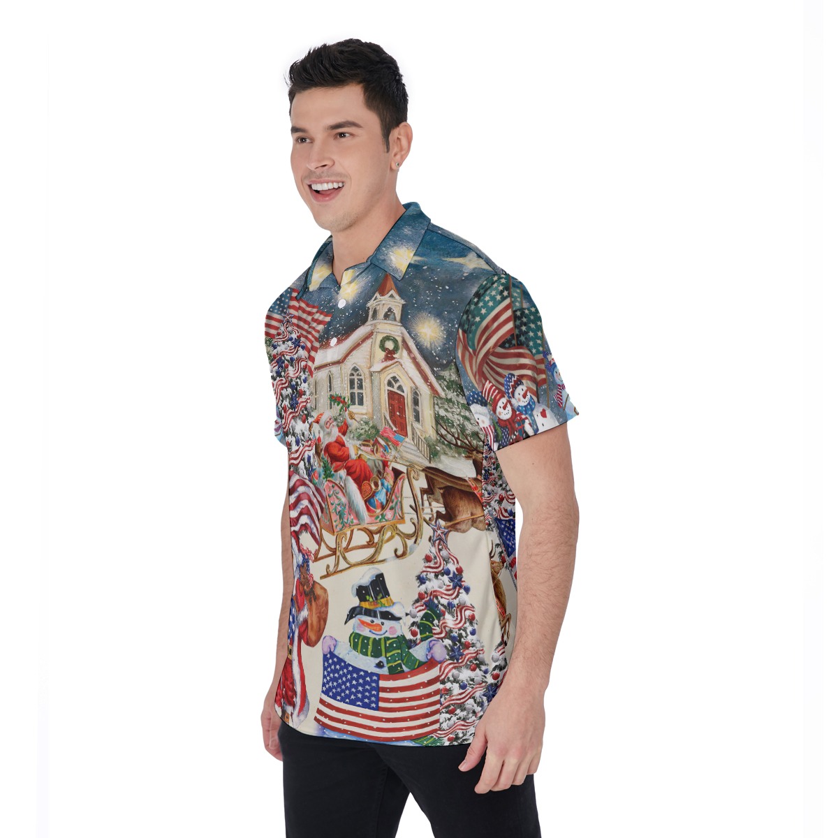 Santa Claus American Flag Patriotic Christmas Hawaiian Polo Shirt