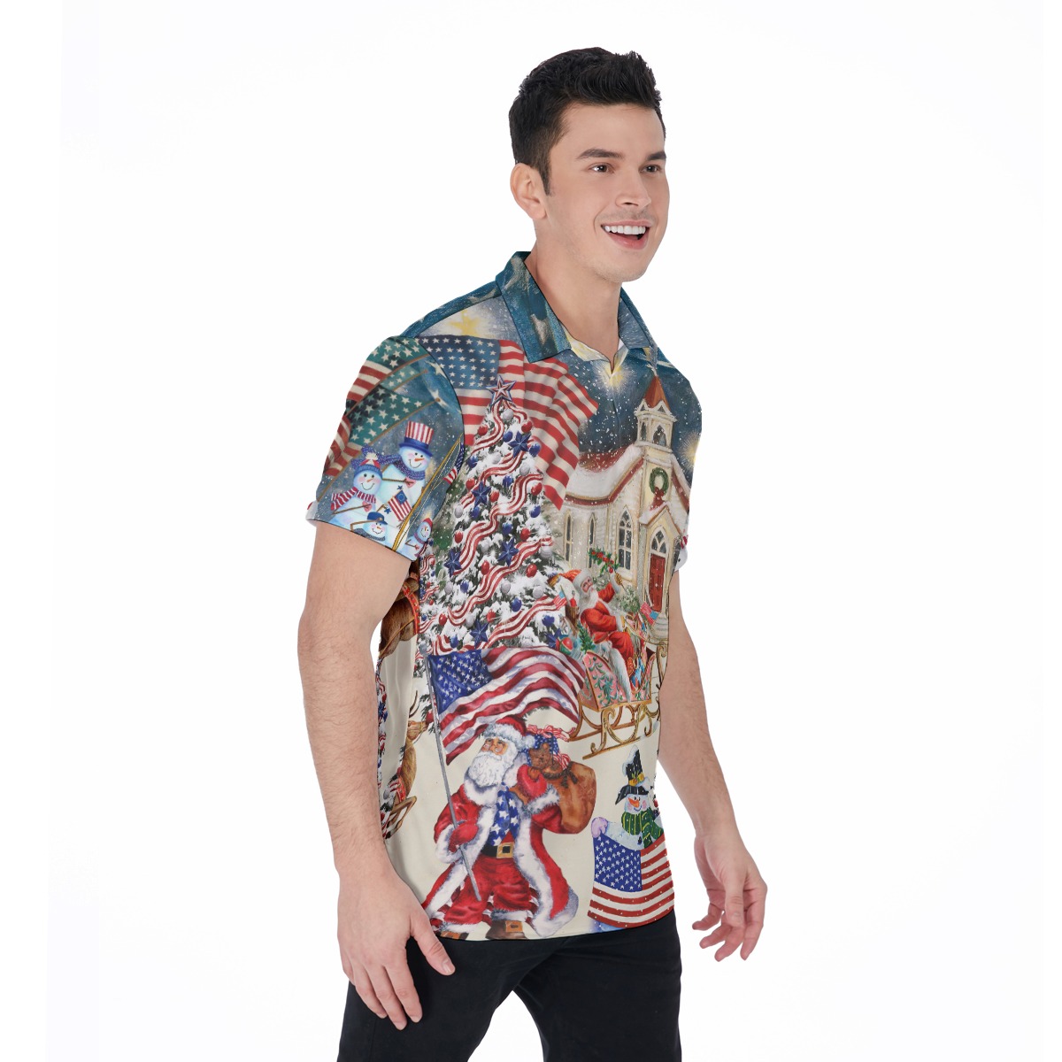 Santa Claus American Flag Patriotic Christmas Hawaiian Polo Shirt
