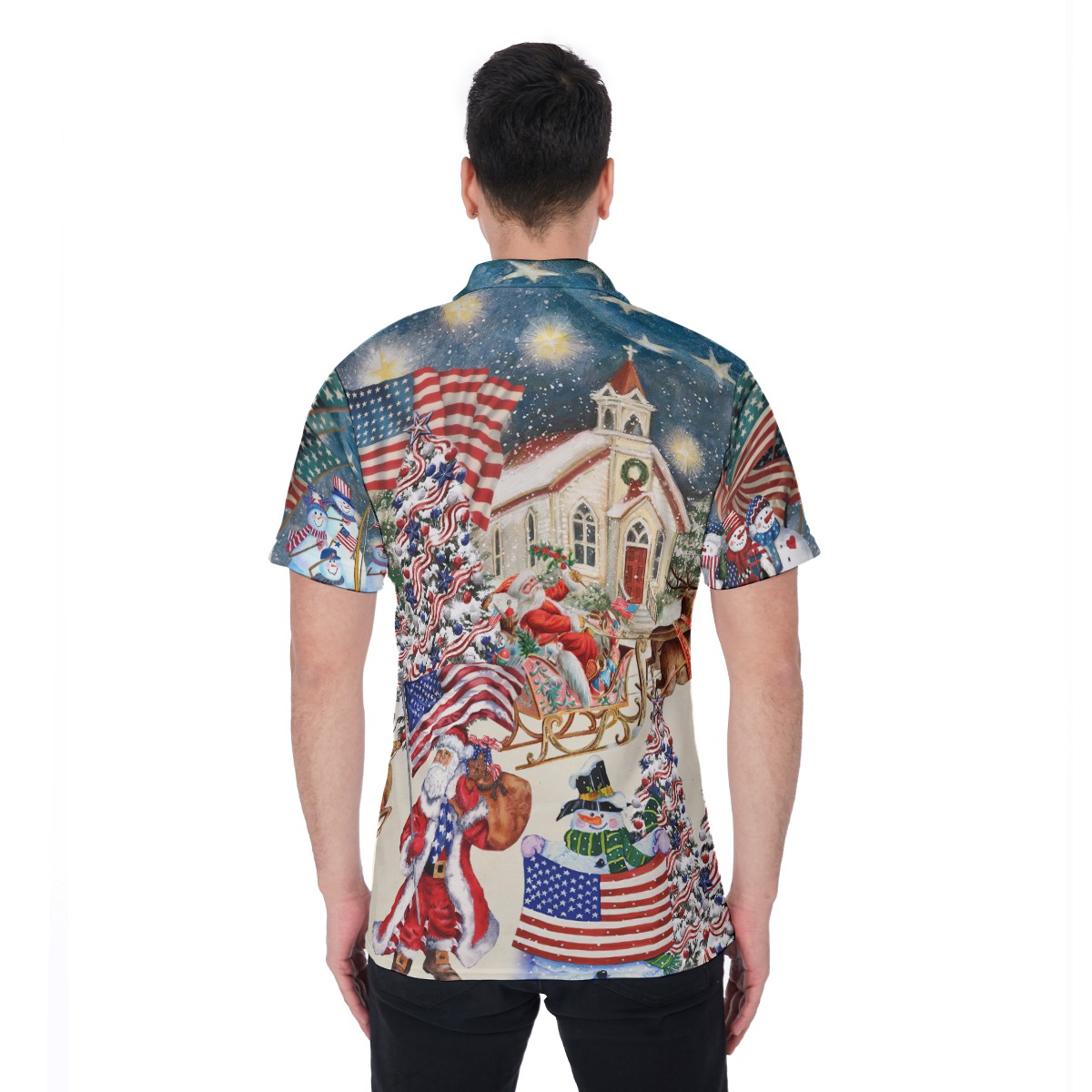 Santa Claus American Flag Patriotic Christmas Hawaiian Polo Shirt