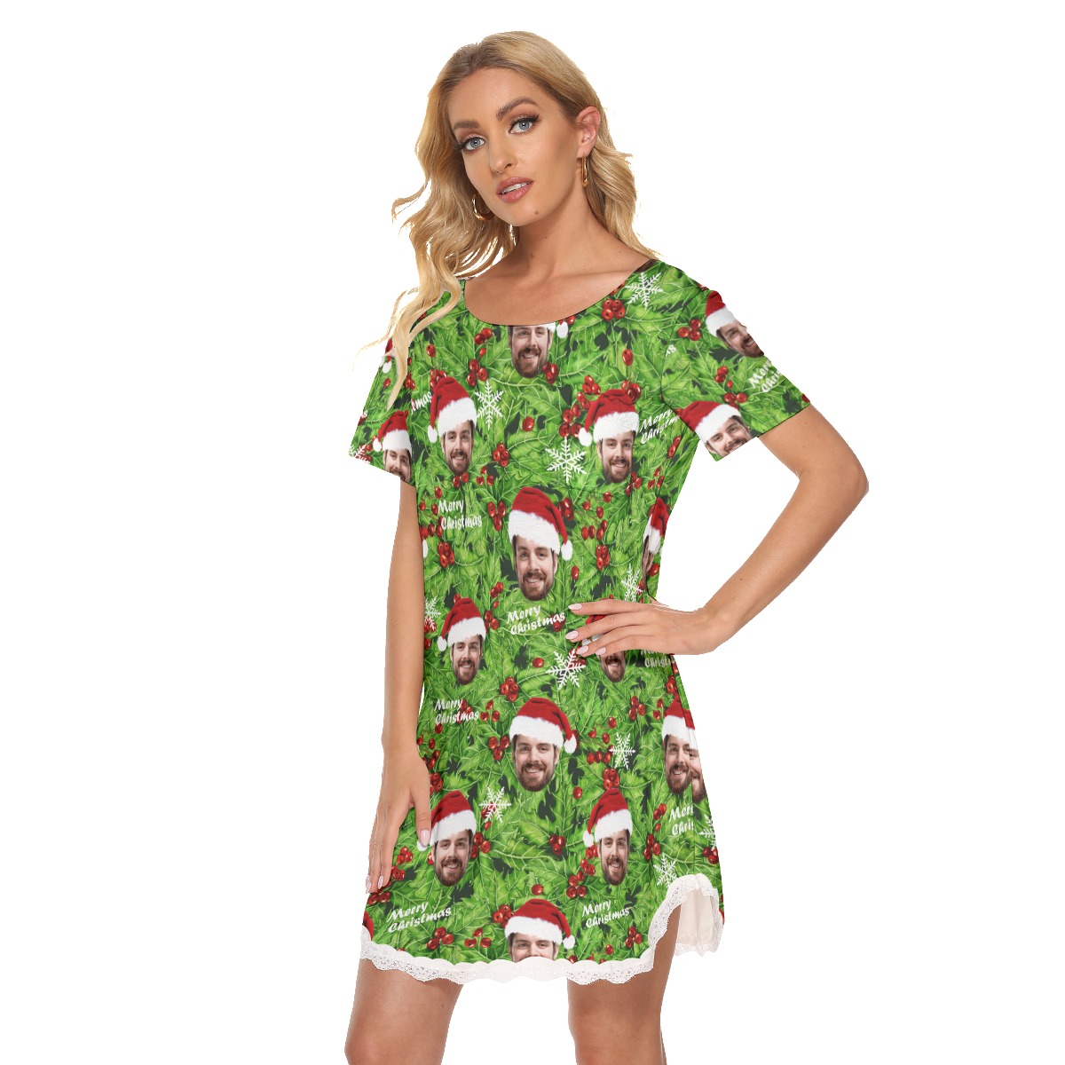 Custom Face Hawaiian Christmas Dress With Lace