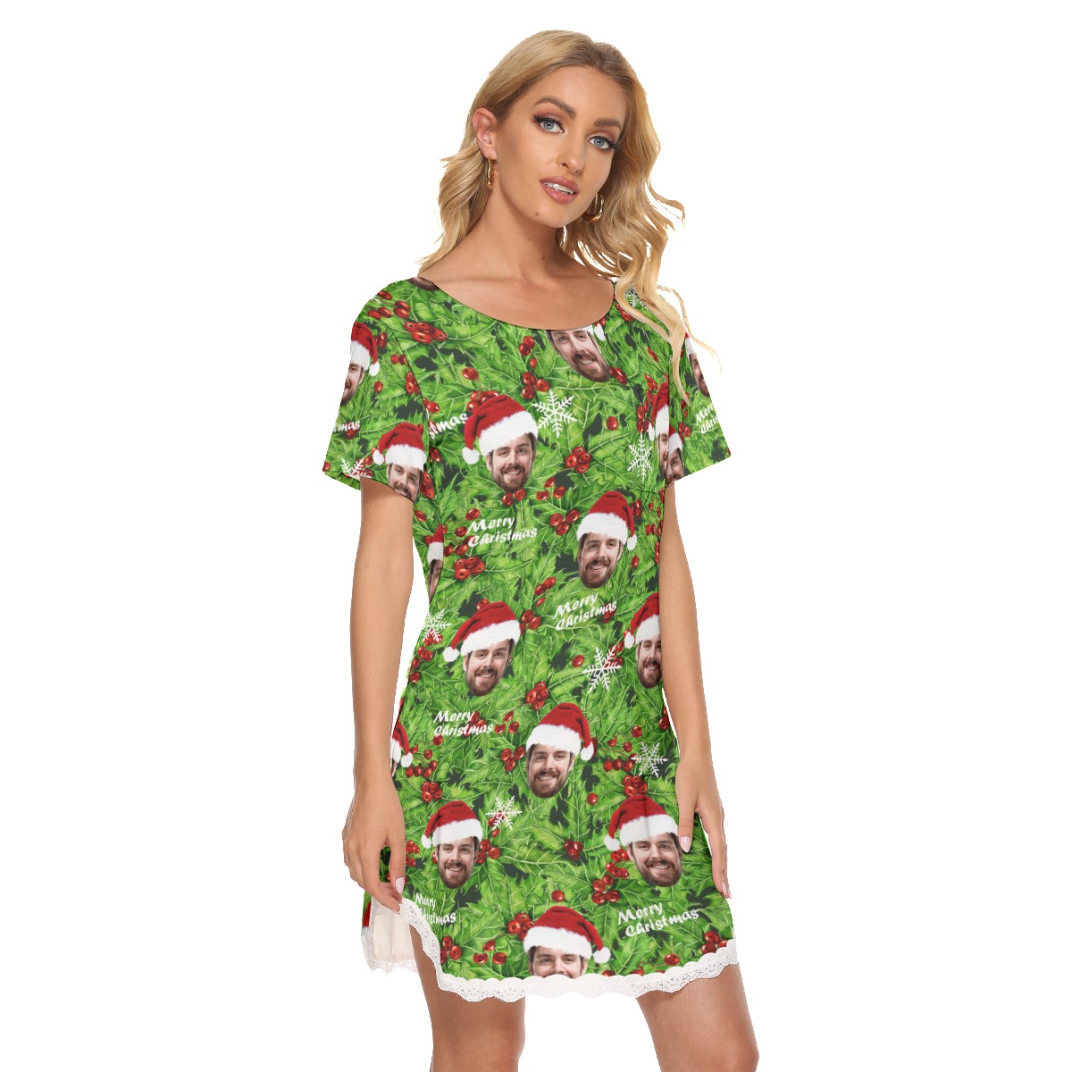 Custom Face Hawaiian Christmas Dress With Lace