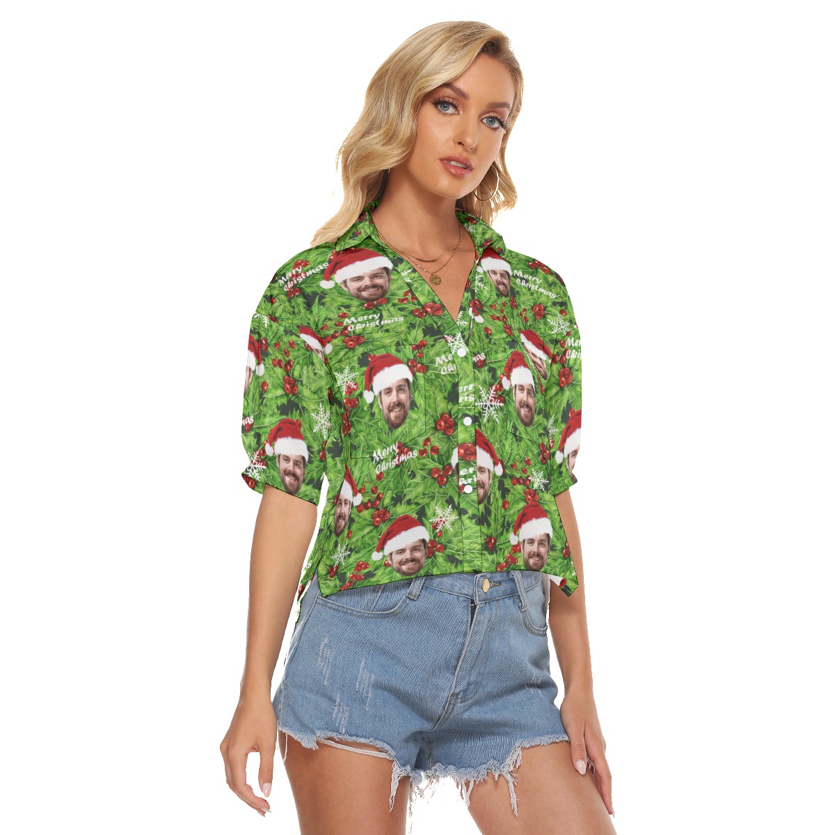 Women's Custom Face Christmas Hawaiian Crop Top Shirt