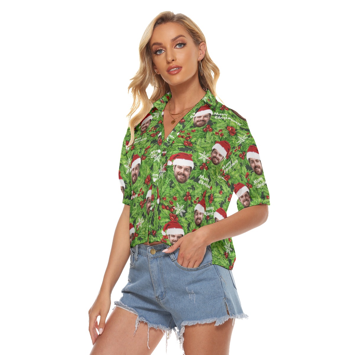 Women's Custom Face Christmas Hawaiian Crop Top Shirt