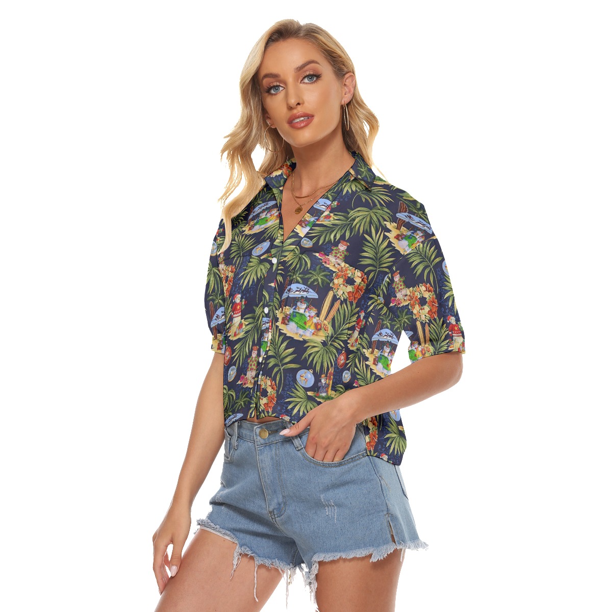 Christmas Snowman Tropical Hawaiian Cropped Shirt For Women