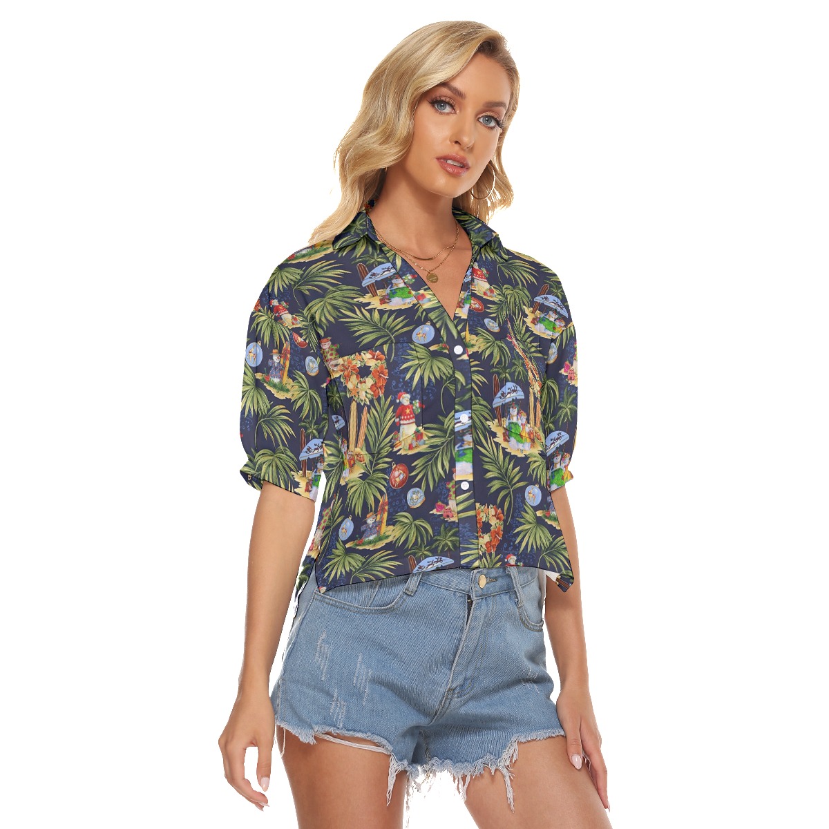 Christmas Snowman Tropical Hawaiian Cropped Shirt For Women