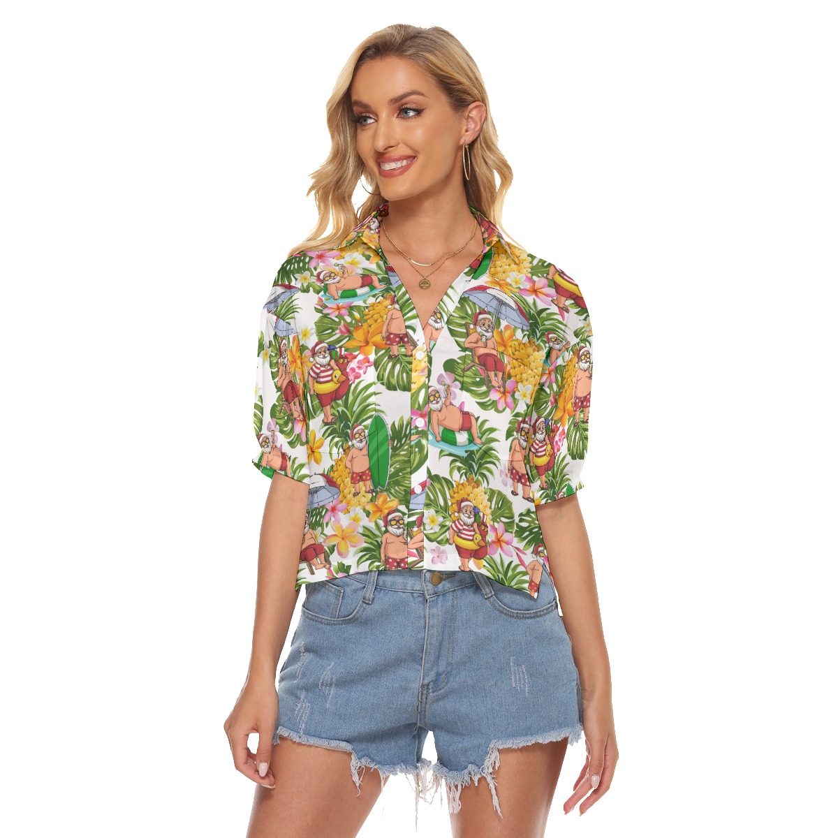 Tropical Santa Christmas Hawaiian Crop Top Shirt For Women - variant image 1