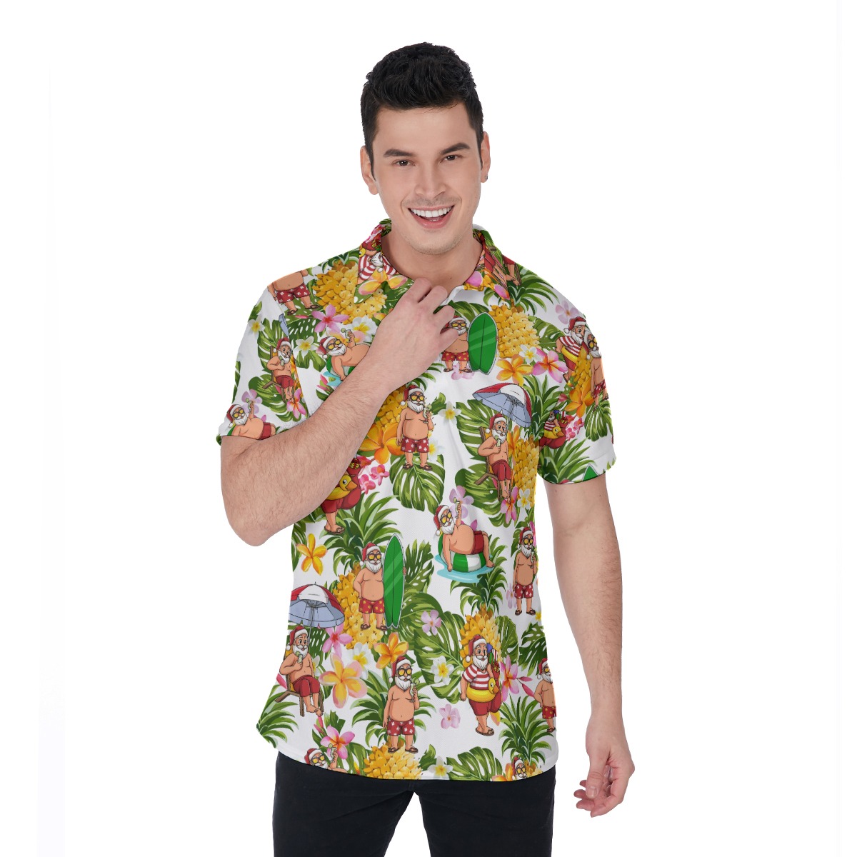 Christmas Santa Claus With Tropical Pattern Hawaiian Polo Shirt For Men - variant image 1