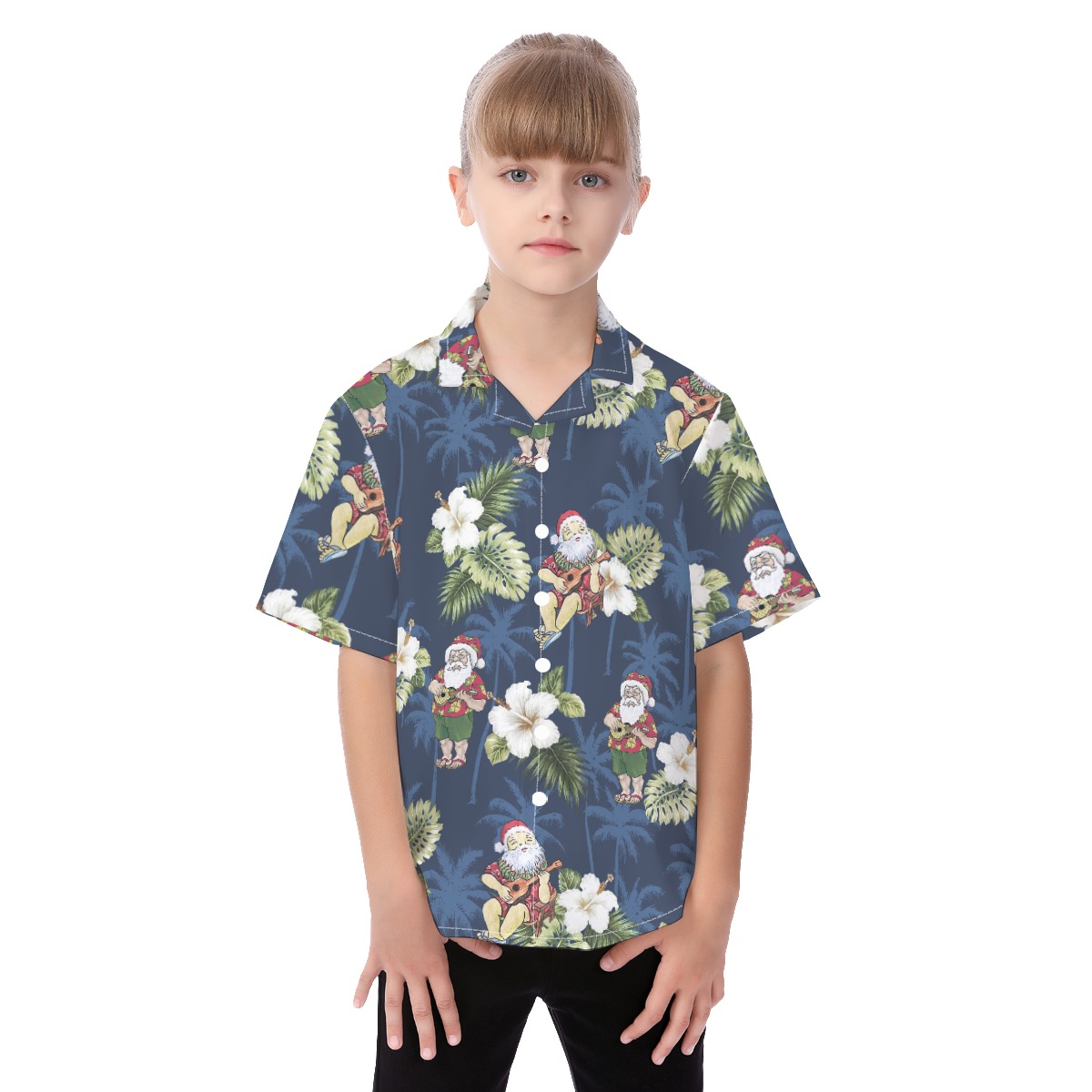 Cute Santa Claus With Ukulele Floral Christmas Hawaiian Shirt For Kids - variant image 1