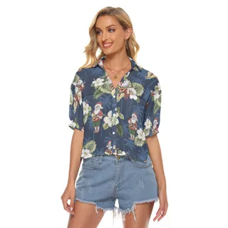 Funny Santa Claus With Ukulele Floral Christmas Hawaiian Crop Top Shirt
