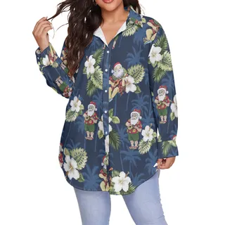 Santa With Ukulele Floral Christmas Plus Sized Long Sleeve Hawaiian Shirt For Women