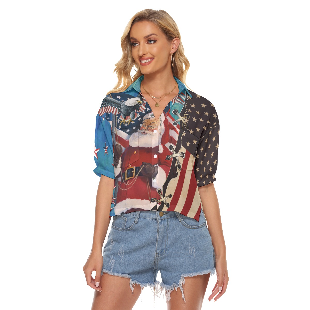 America Christmas Patriotic Santa Claus Hawaiian Crop Top Shirt For Women - variant image 1