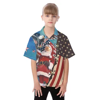 Christmas Santa Claus With American Flag Hawaiian Shirt For Kids
